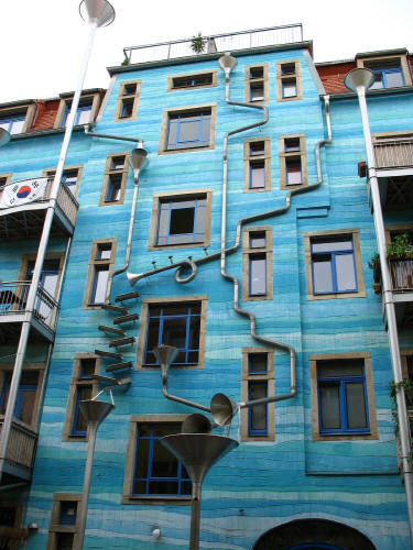 Rube Goldberg Rain Drainage System, Check out this crazy cool drainage system on an apartment building in Dresden, Germany. 