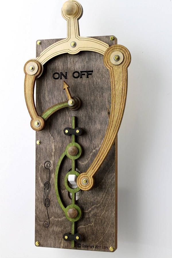 Rube Goldbergian Light Switch Cover, GreenTreeJewelry makes these whimsical, rube goldbergian light switch covers that let you toggle the switch by means of a delightfully superfluous mechanism. 