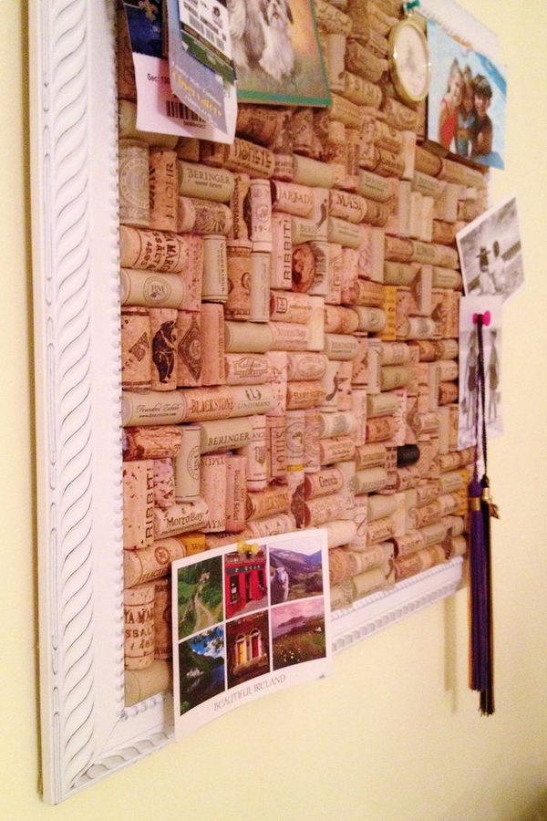Put photos on the wine cork board for wall decoration. 