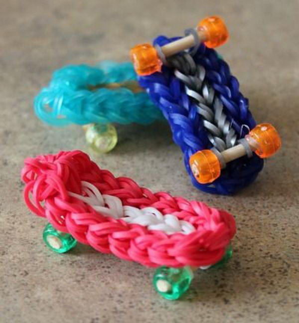 Skateboard Rainbow Loom Charm. Rainbow Loom is a plastic loom used to weave colorful rubber bands into bracelets and charms. It is one of the top gifts for kids. 