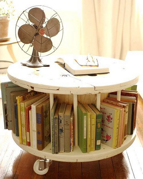 Library table from old cable spool. 