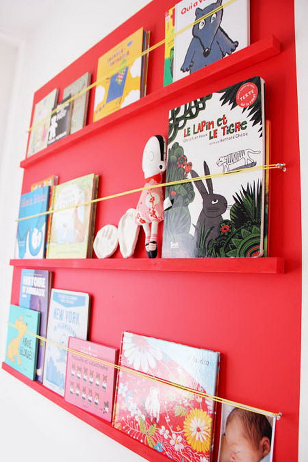 Book shelves with hooks and elastic rope. 