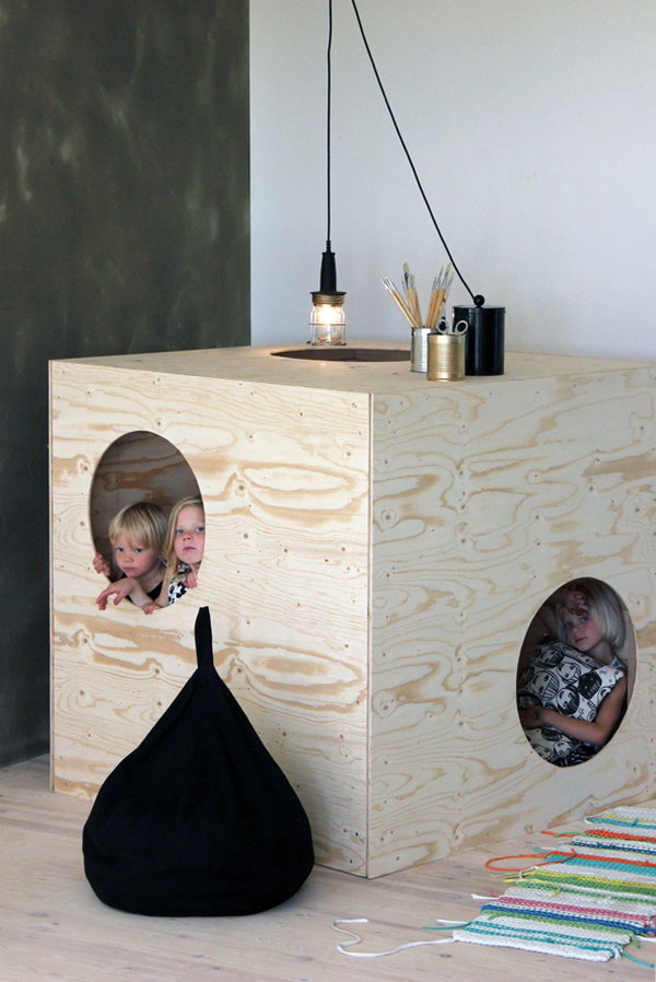 Simple plywood furniture. Great idea to bring the fun indoors. 