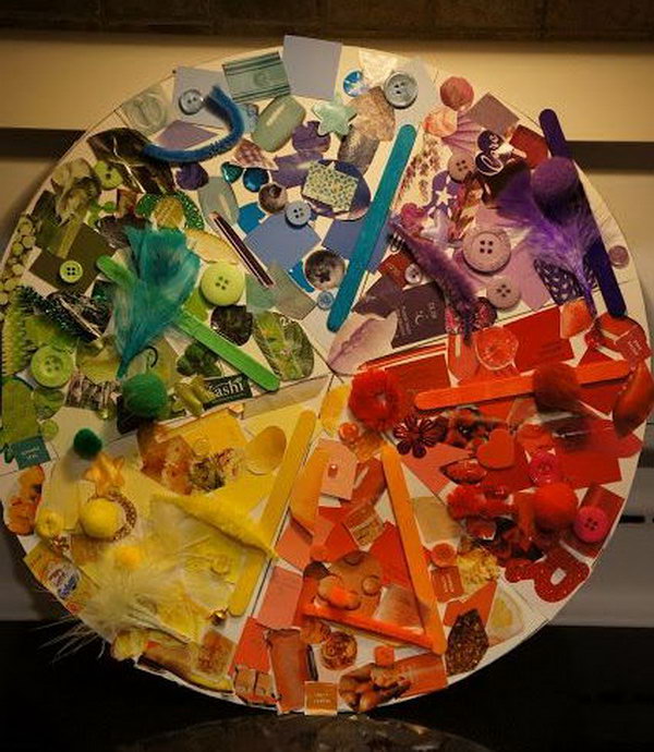Use magazine cutouts, pompoms, beads, popsicle sticks, recycled caps, feathers, buttons, paint chips, stickers, pipecleaners and anything else that matched and fit into the colour collage. You can also mount this color wheel on your wall as a reference for colour. 