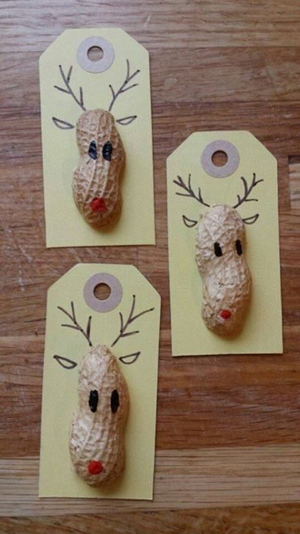Create the adorable Reindeer gift tags with peanut shells. These can also make great ornaments for the whole family with different pieces of paper. 