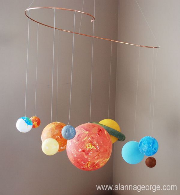 What a cute idea for this DIY Solar System Mobile hanging in bedroom. 