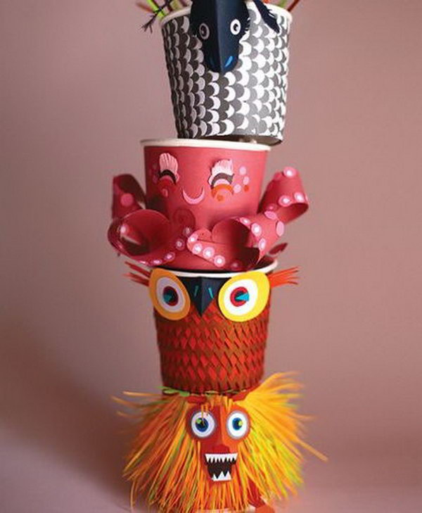 Paper Cup Totem Pole. A great idea for a collaborative project and a history lesson at the same time. 