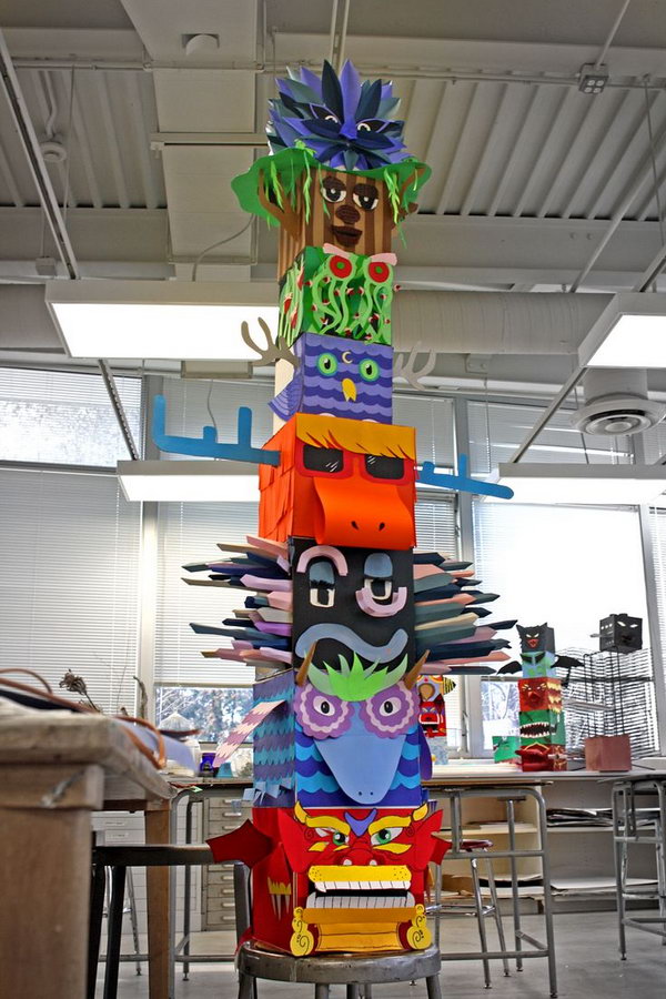 Totem Pole Made With Recycled Paper Boxes. A great idea for a collaborative project and a history lesson at the same time. 
