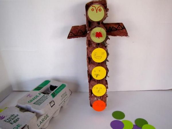 Use a cardboard egg carton, a little paint and some colored paper to create a totem pole. Let kids learn history and purpose of totem poles through crafts. 