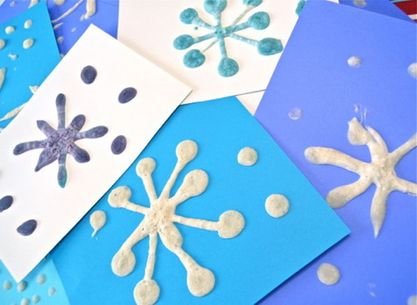 These puffy snowflake paintings are a fun open ended art project that is simple and quick to do — with only 30 seconds drying time, 