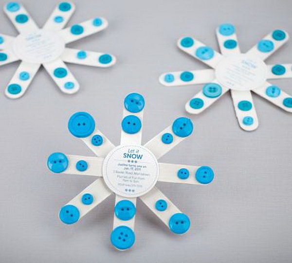 Cute snowflake invitation made with ice pop sticks and buttons, 