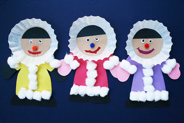 Create eskimo crafts with coffee filters, cotton balls, google eyes and construction paper. 