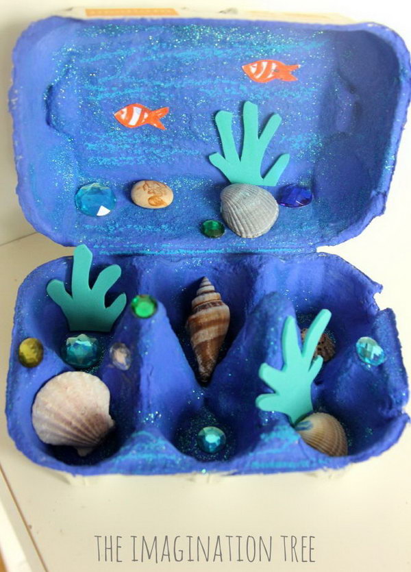 Let kids learn about sea creatures with this egg carton ocean craft. What a fun way to display beach treasures and to make an imaginative small world scene to play with. 
