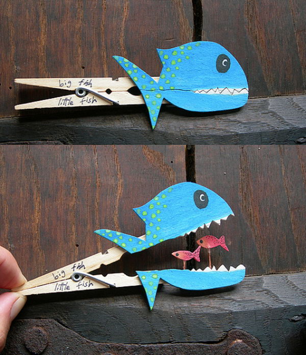 Kids would surely love these clever fish crafts made with clothespin. 