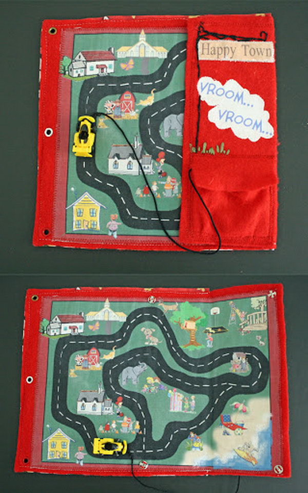 This car track page includes pocket for car, which is attached with a string so it doesn’t get lost. 