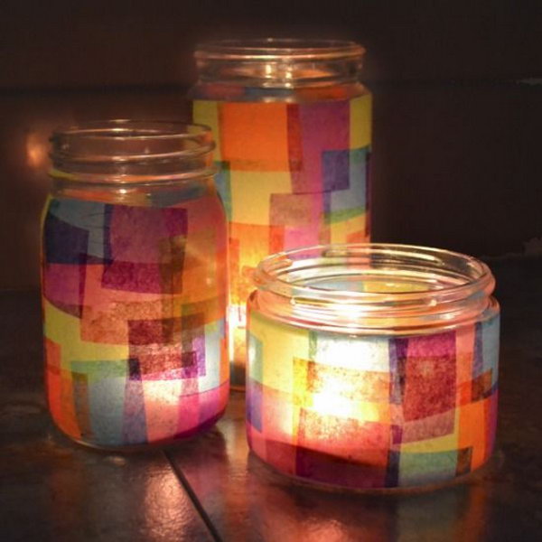 Candle holder decorated with tissue paper, 