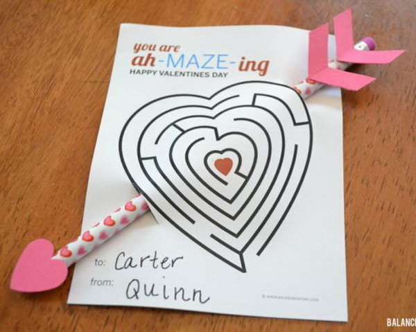 A cute arrow pencil Valentine's Day card that reads 'you are ah maze ing'. Creative Valentine Cards that stand out from those of his classmates through the use of clever, interesting sayings. A fun play on words. 