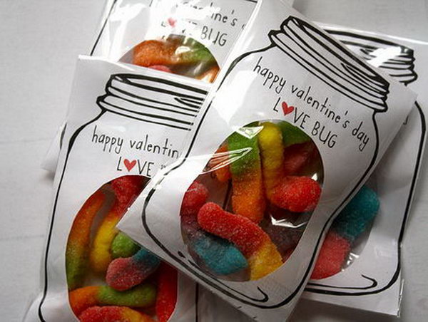 Cute Alternative Love Bug Valentine Day Card. The mason jar was full of colorful candy worms. 