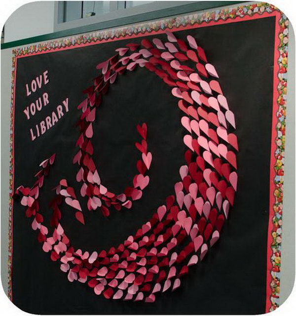 This Valentine's Day bulletin board with gorgeous three dimensional swirling hearts design was created by talented library media specialist, Kristen. 
