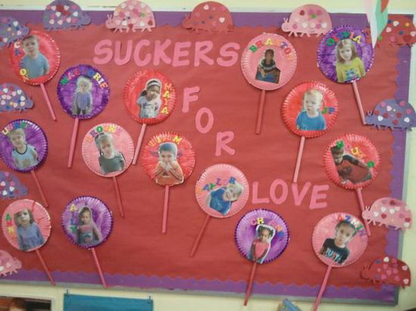Suckers For Love: This fun bulletin board for Valentine's Day was created by preschool teacher Tiffany Clark and her kiddos. 