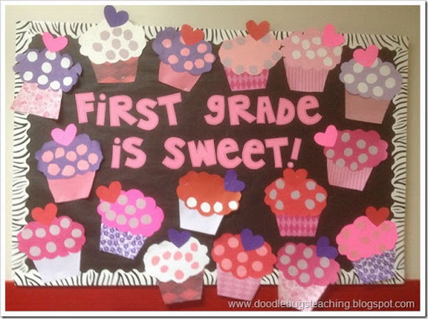 First grade is SWEET: Get into the Valentine spirit and made these cupcakes for your hall bulletin board. 