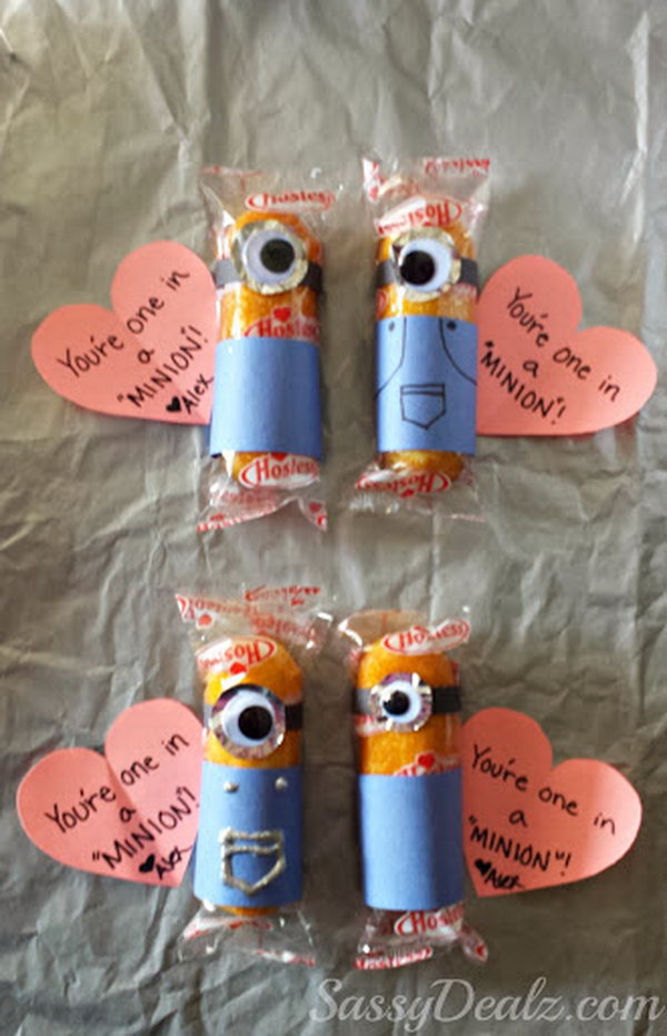 You’re One in a Minion. A easy Valentines Day craft for kids made from twinkies, construction paper and googly eyes. 