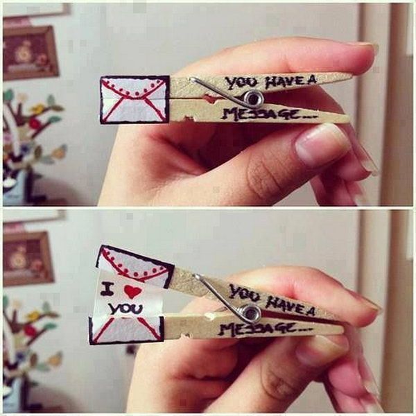 What an interesting valentines day idea to say 'I love you' with a clothespin. 