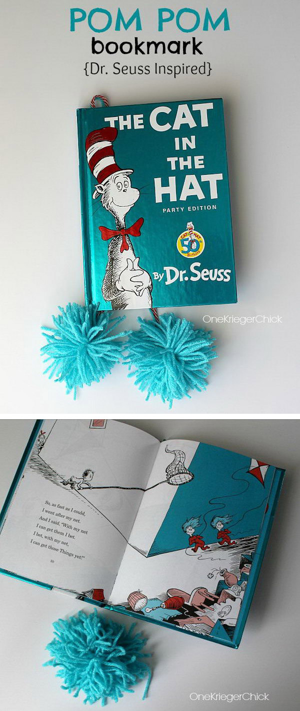 What a fun way to mark your place in a book with this pompom bookmark. They are like the trees in The Lorax or the fluffy hair dos in many Dr. Seuss books. 