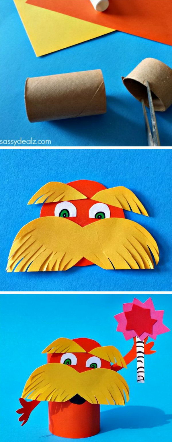 Lorax toilet paper roll craft for kids inspired by Dr. Seuss' book The Lorax. It was pretty easy to make and only required a lot of cutting. 