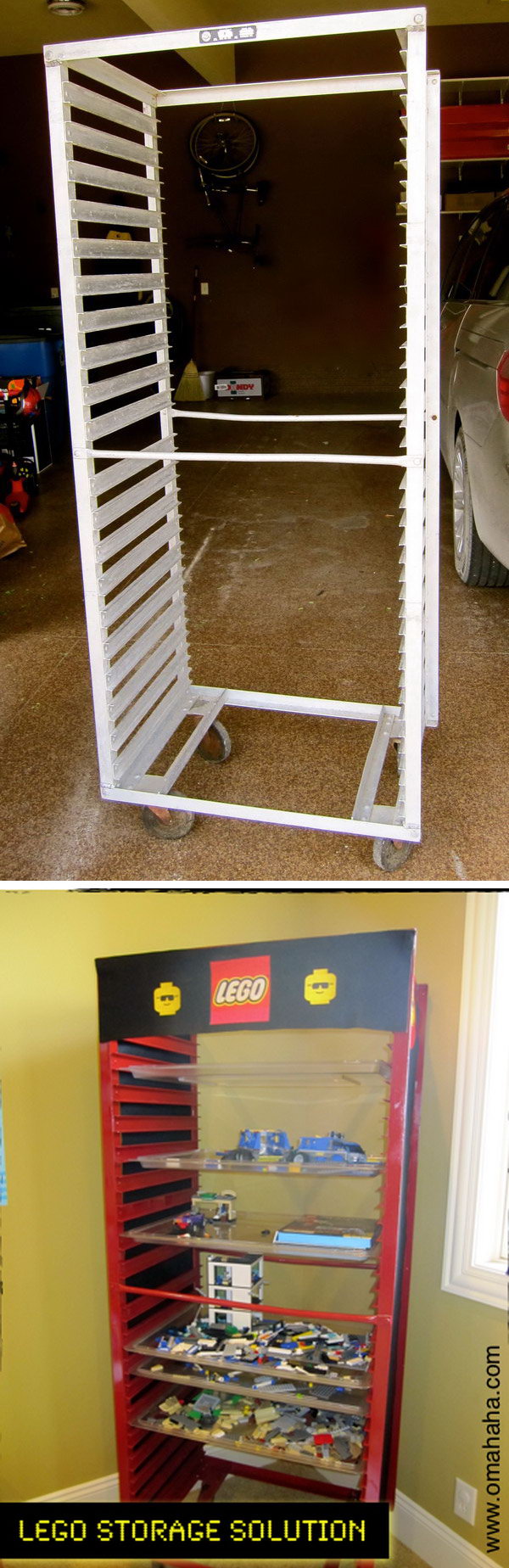 A LEGO storage made from a bun pan rack. Kids can stack their works in progress on a tray and slide them in the rack. 