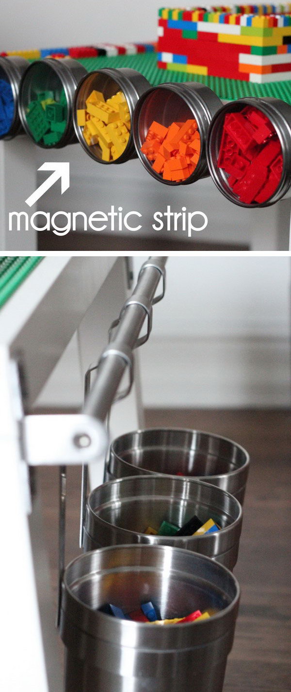 DIY LEGO table with hanging buckets and magnetic tins for extra lego storage. 