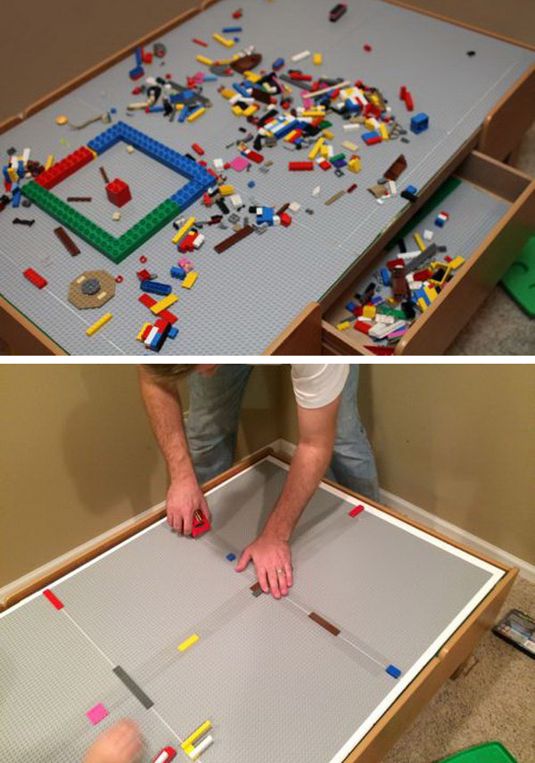 Convert your train table into a LEGO table. The best part about this upgrade is that the insert sits on top of the table, so it can be removed and used as a train table again whenever you want. 