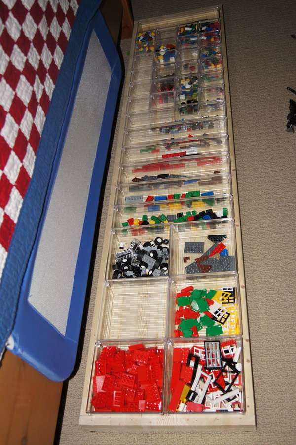 Lego organization using drawer organizers, which are made to fit together perfectly and dimensionally to fit any area. 