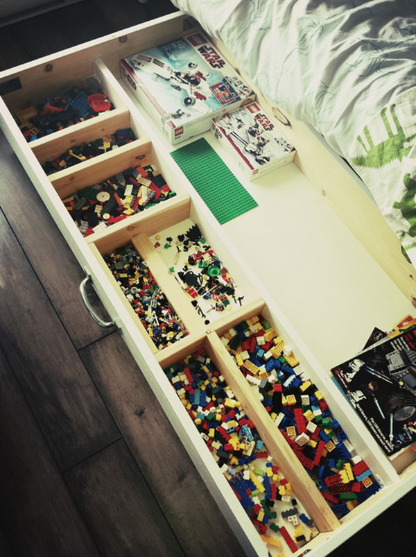 Built a Lego storage unit on casters to roll under the bed. 