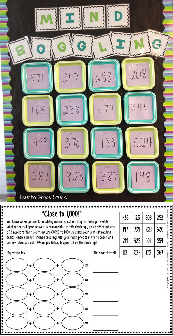 This math bulletin board not only challenges top math kids, but also has accessible challenges that address CCSS standards, utilize higher level thinking, and have multiple solutions. 
