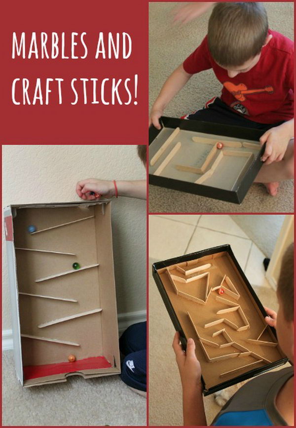 Build a marble run or marble maze with shoe box and craft sticks.  Simple materials and sturdy construction make it a WIN for a wide variety of ages. 