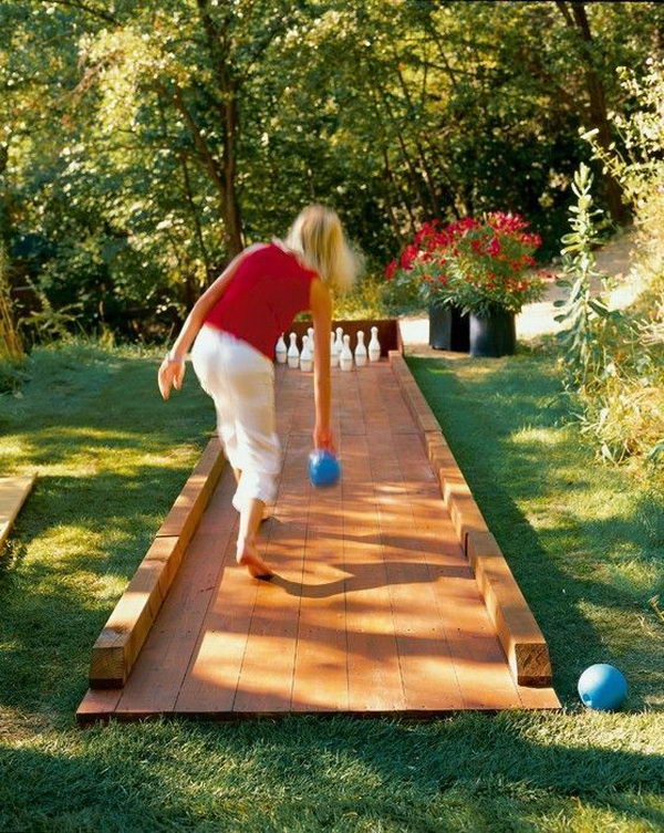 Build an Outdoor Bowling Alley. Interesting things to do out there in your backyard. So simple and cheap to make, and you could play them with your kids or family anytime. 