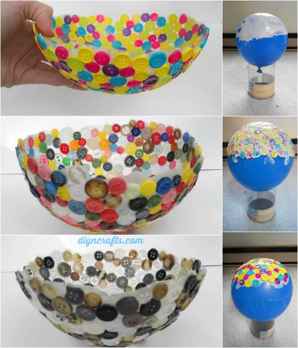 DIY Button Bowl. Glue buttons around a balloon. When they dry pop the balloon and you'll have a button bowl. A creative idea to use it to hold some light objects such as candies, chocolates, accessories, tissues and so on. 