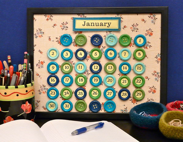 Perpetual Button Calendar. Make it once, and you can use it forever – just move the numbers to their correct location each month, and change the nameplate. 