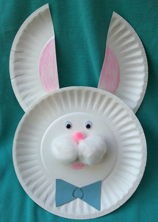 Easter bunny from small paper plates. Make a paper plate Easter bunny with two small paper plates, cotton balls, and wiggly eyes. 