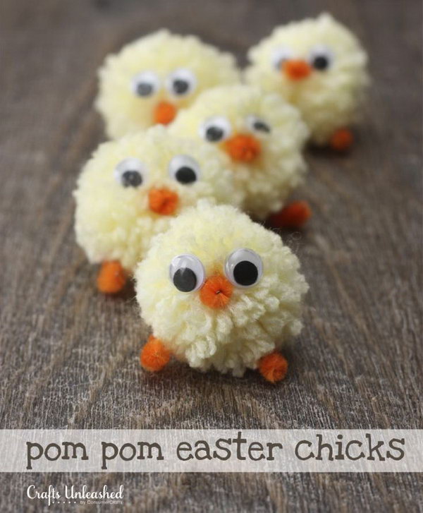 Pom Pom Easter Chicks. These cute pom pom Easter chicks are perfectly spring, festive and easy. They make great little favors for an Easter party, dinner or Easter baskets. 
