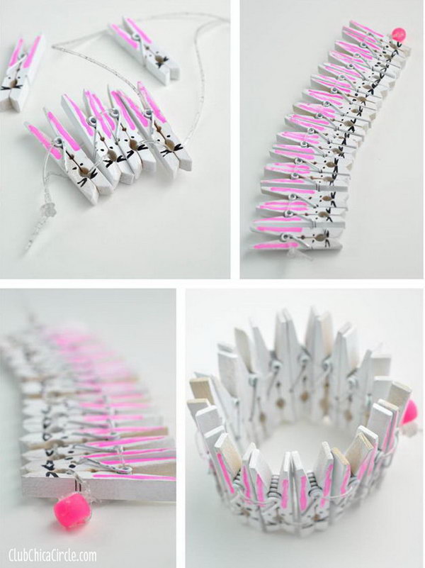Easter Bunny Bracelet Made from Clothespins. Paint the wood clothespins and use glittery clear stretchy cord to weave and connect the clothespin bunnies together. It's an easy craft idea to do with your kids. 