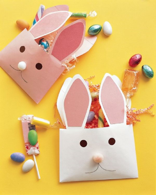 Envelope Bunnies. Use envelopes and paper to create envelope bunnies. Fill it with some delicious treats and candies. It's a great way to say happy Easter. 