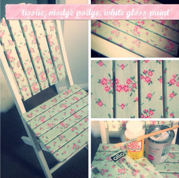 Upcycle old wooden furniture using paper napkins and mod podge. 