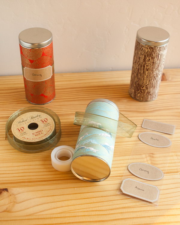 DIY Japanese Washi Tea Tins. A clever way to decorate your old tea tins with Mod Podge. Fill them with lovely teas, cookies, sugars, or other small items. They would make unique and classy gifts. 