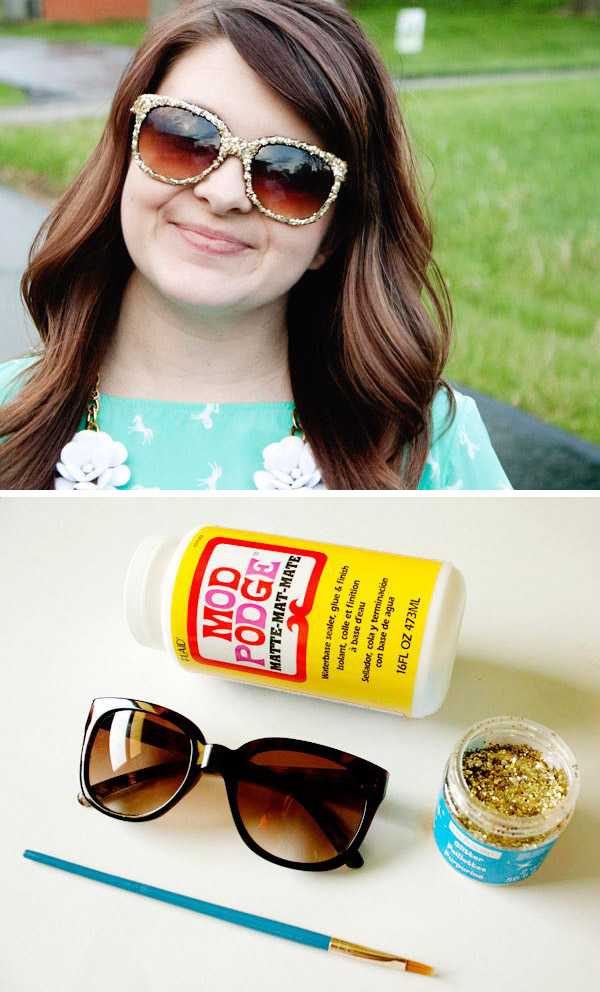 DIY Glitter Sunglasses. Add some sparkle to your everyday sunglasses with glitter and Mod Podge for summer time. 