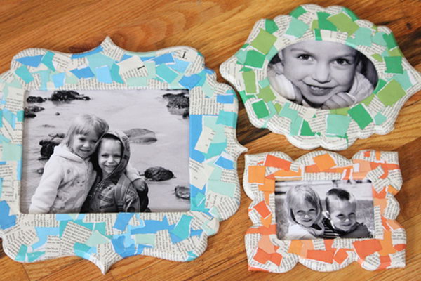 Torn Paper Decoupage Frames. Decorate picture frames with torn paper and Mod Podge for colors of the rainbow, with different shapes. 