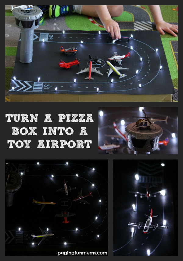 Pizza Box Airport With Working Landing Lights. Kids got so much joy from making and playing this pretend play toy. 
