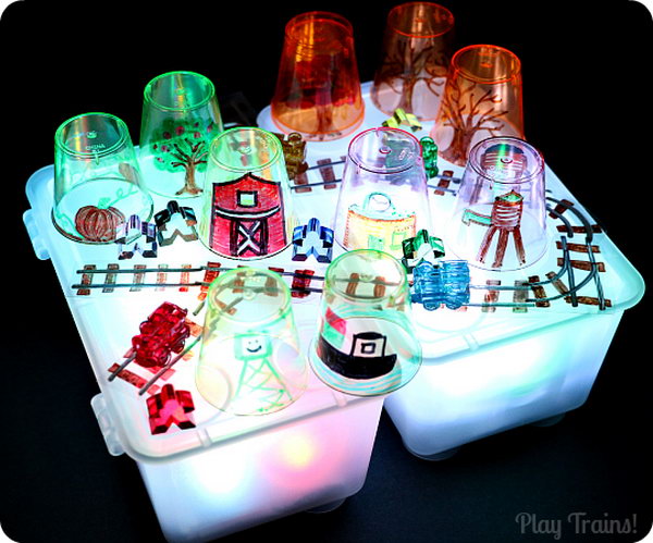 Story Cups for Light Play. What a fun idea for light table storytelling or pretend play. 