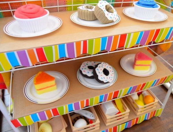 Cardboard Cafe. A great pretend play set up for store or restaurant which were always among kids' favorites. 